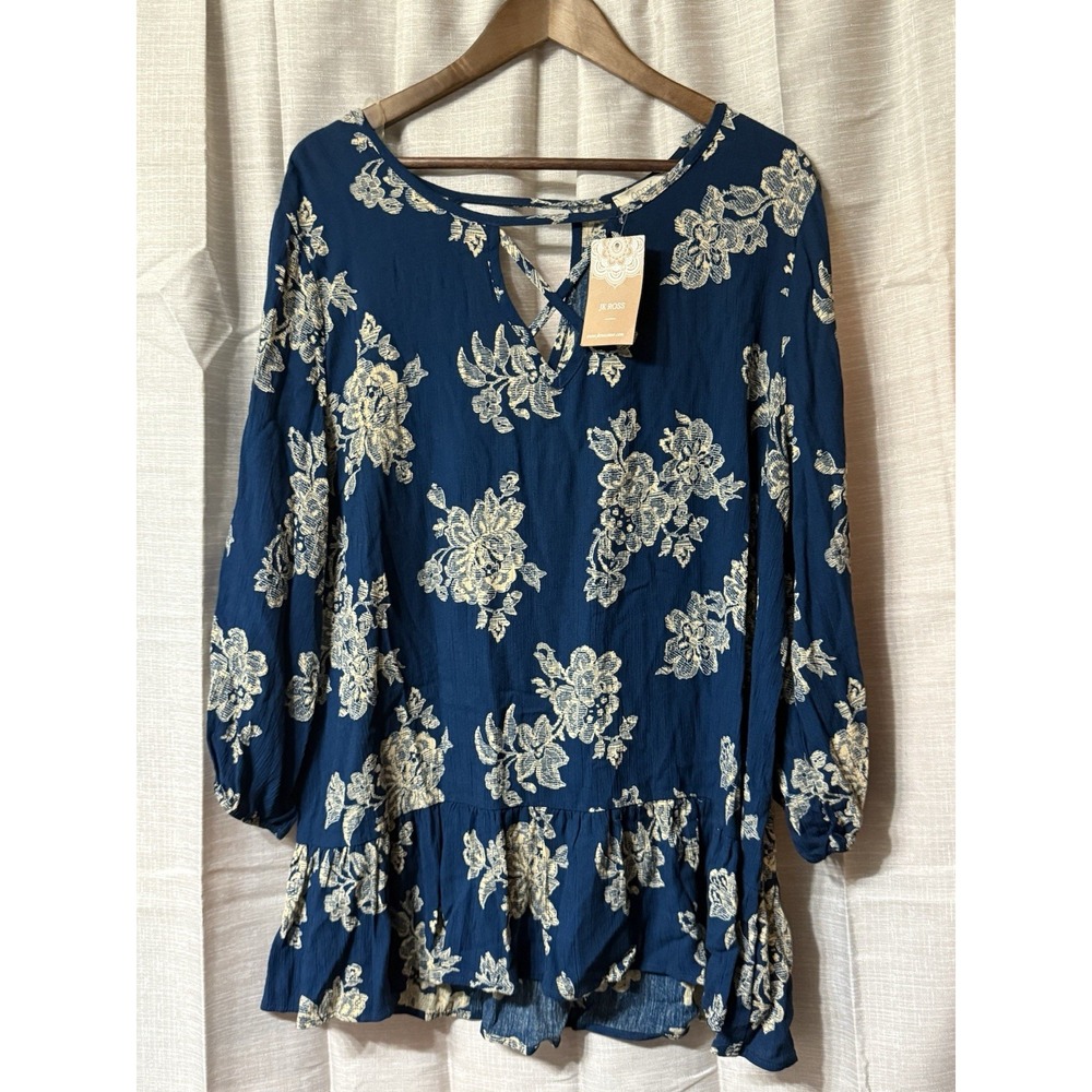 JK Ross Blue Floral Print Criss Cross Neck Ruffle Hem Boho Tunic Top